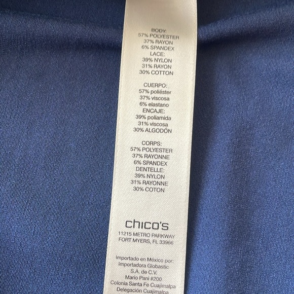 Chico’s Navy NWT Size 2, 12/14, Top, 3/4  Lace Sleeves.  Front Lace Overlay. - Picture 8 of 9